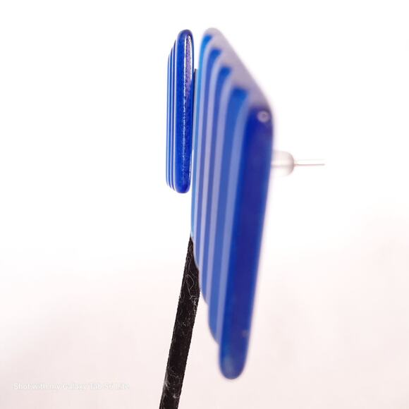 Corrugated Lucite Square Earrings Electric Blue Studs Pierced - Picture 3 of 9